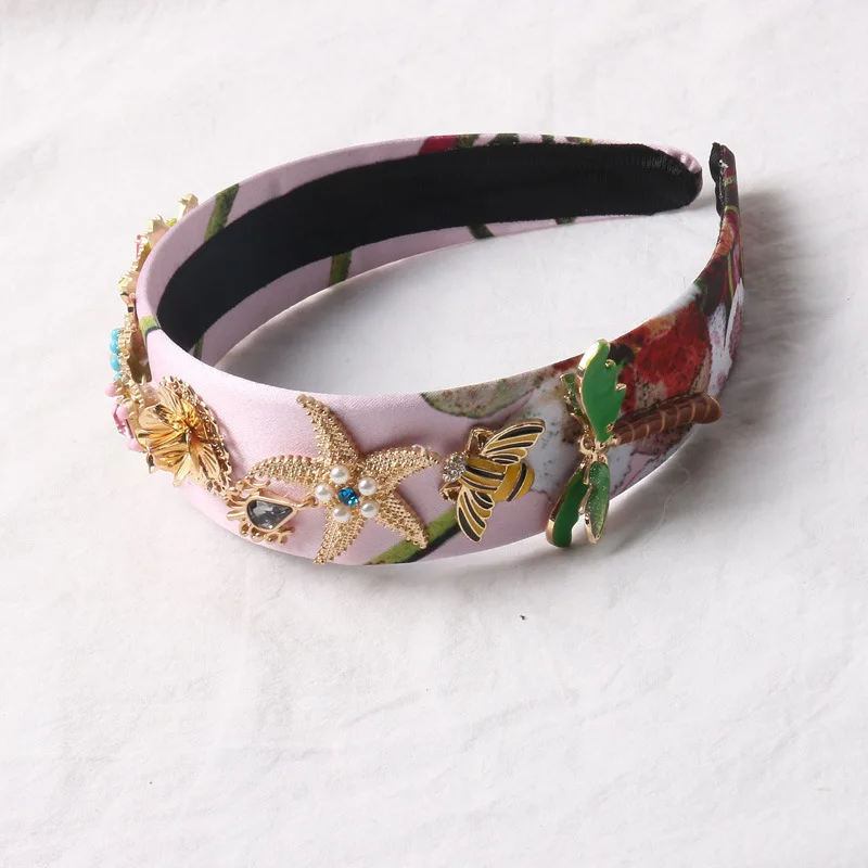 New Vintage Baroque Pink Silk Headbands For Women Resin Flower Gold Starfish Crowns Bridal Hair Ornament Head Jewelry Headpiece | Украшения