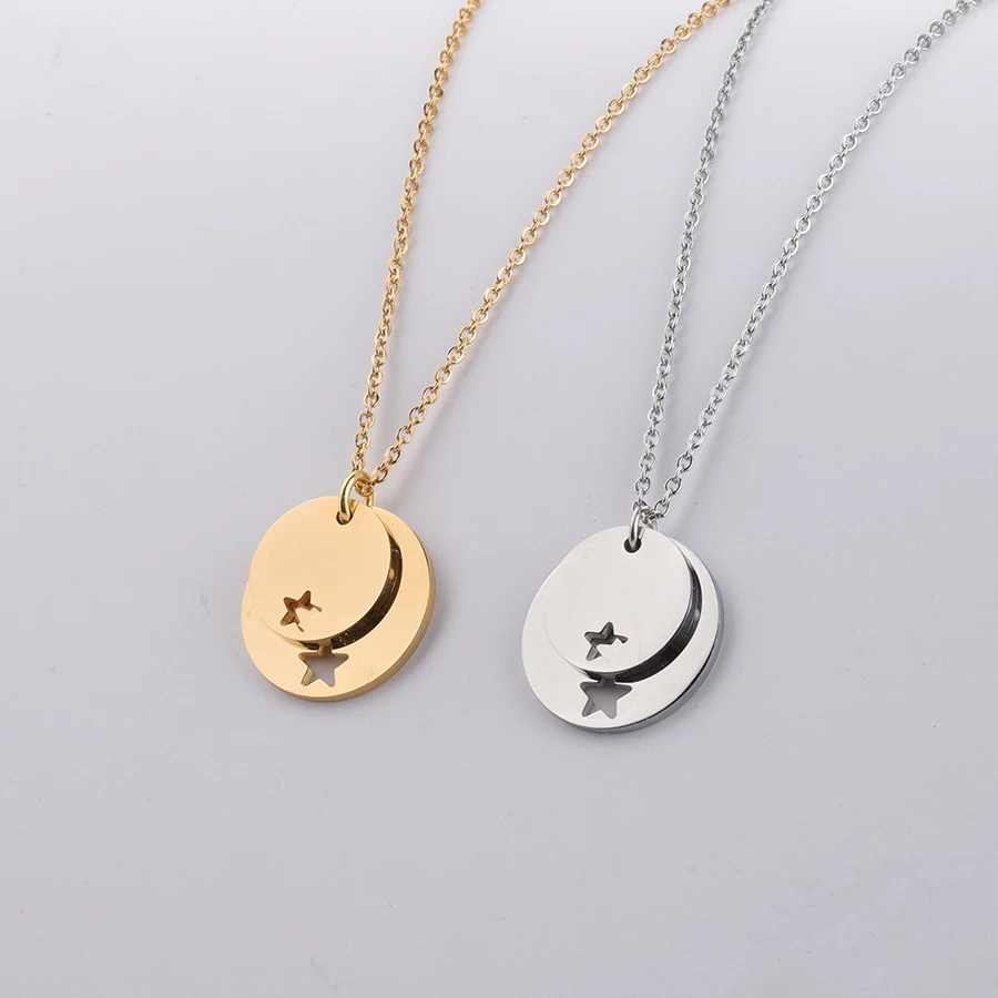 

Fnixtar Mirror Polish Stainless Steel Hollow Start Charm Necklace Small Big Round Plate Discs Necklace For DIY 10piece/lot