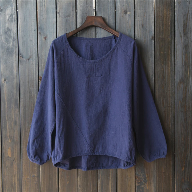 Johnature Women T-Shirts Long Sleeve Cotton Linen Tops Casual 2021 Autumn New O-Neck Loose Brief Puff Fashion | Женская одежда