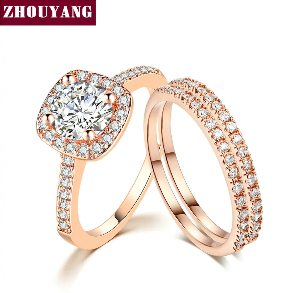 ZHOUYANG Engagem наборы свадебных колец для женщин Классический круглый вырез AAA + CZ