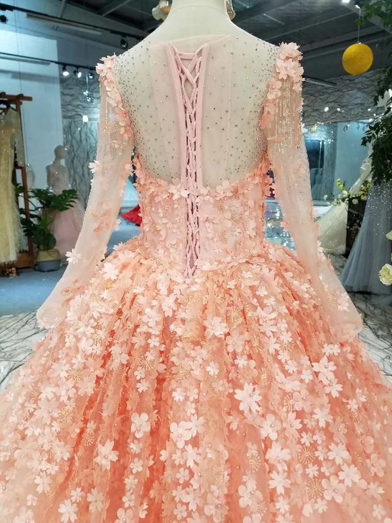 LSS197 розовые пышные платья для девочек длинное Тюлевое платье с длинными рукавами и круглым вырезом, длина до пола, 3d лепестки, кружева, цветы, платье для выпускного вечера дешевые вечерние платья