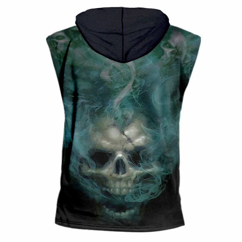 UJWI Dropshipping T-shirts Men Summer Cool Print Smoking Gold Skull Sleeveless Hooded Tshirt Homme Hip Hop Punk Style Undershirt | Мужская