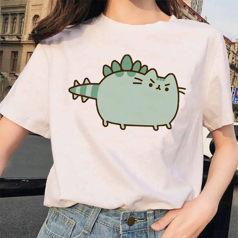 Фото Футболка женская Pusheen с рисунком кота, топ в стиле Харадзюку, милая одежда Ullzang, смешная футболка в Корейском стиле 90-х №5
