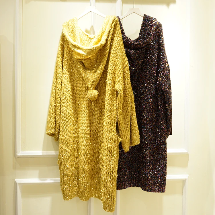Cakucool Women Gold Lurex Open Stitch Bling Sequins Long Cardigan Loose Korean Hooded Sweater Knit Coat Outerwear Female Plus |