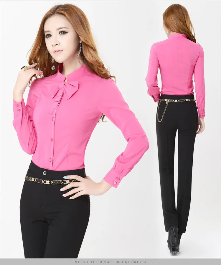 2015 новый формальные Большой размер женщин рубашки с длинным рукавом бантом