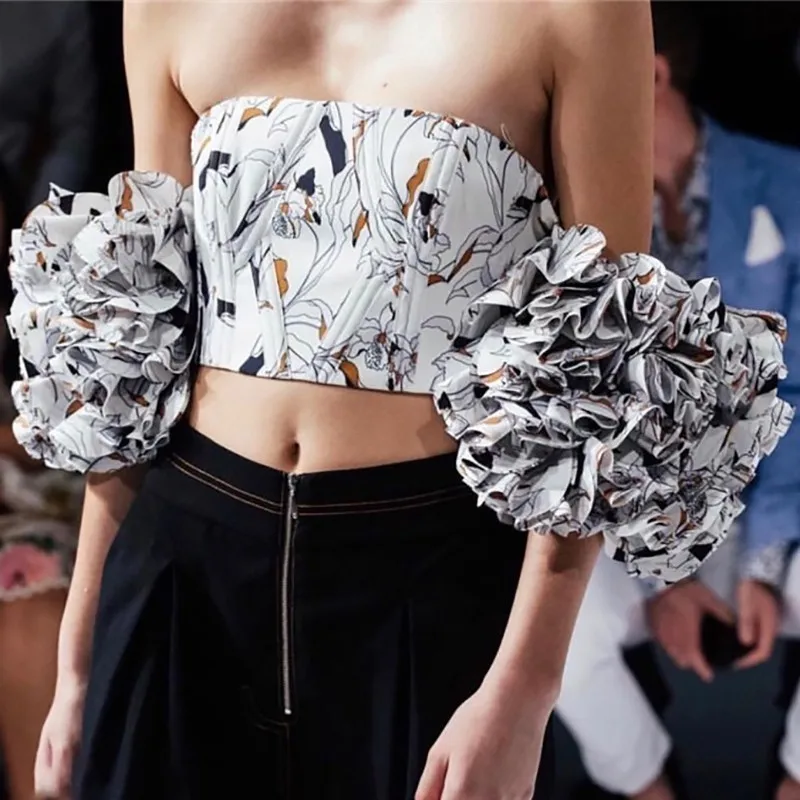 [MENKAY] майка с оборками и пышными рукавами для женщин открытыми плечами без