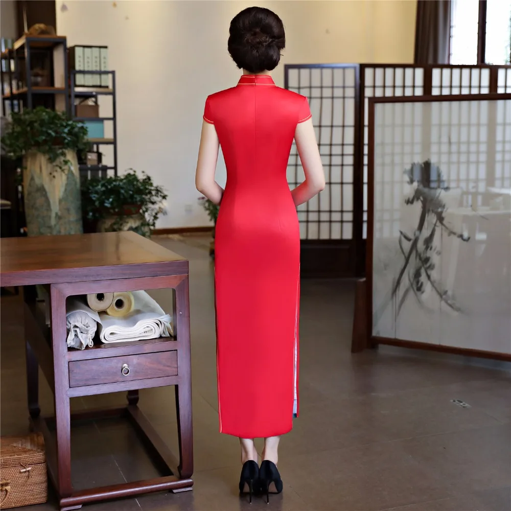 Шанхай история искусственного шелка Qipao Платье длинное Cheongsam национальный тренд платья короткий рукав тонкий Традиционный китайский платье для женщин
