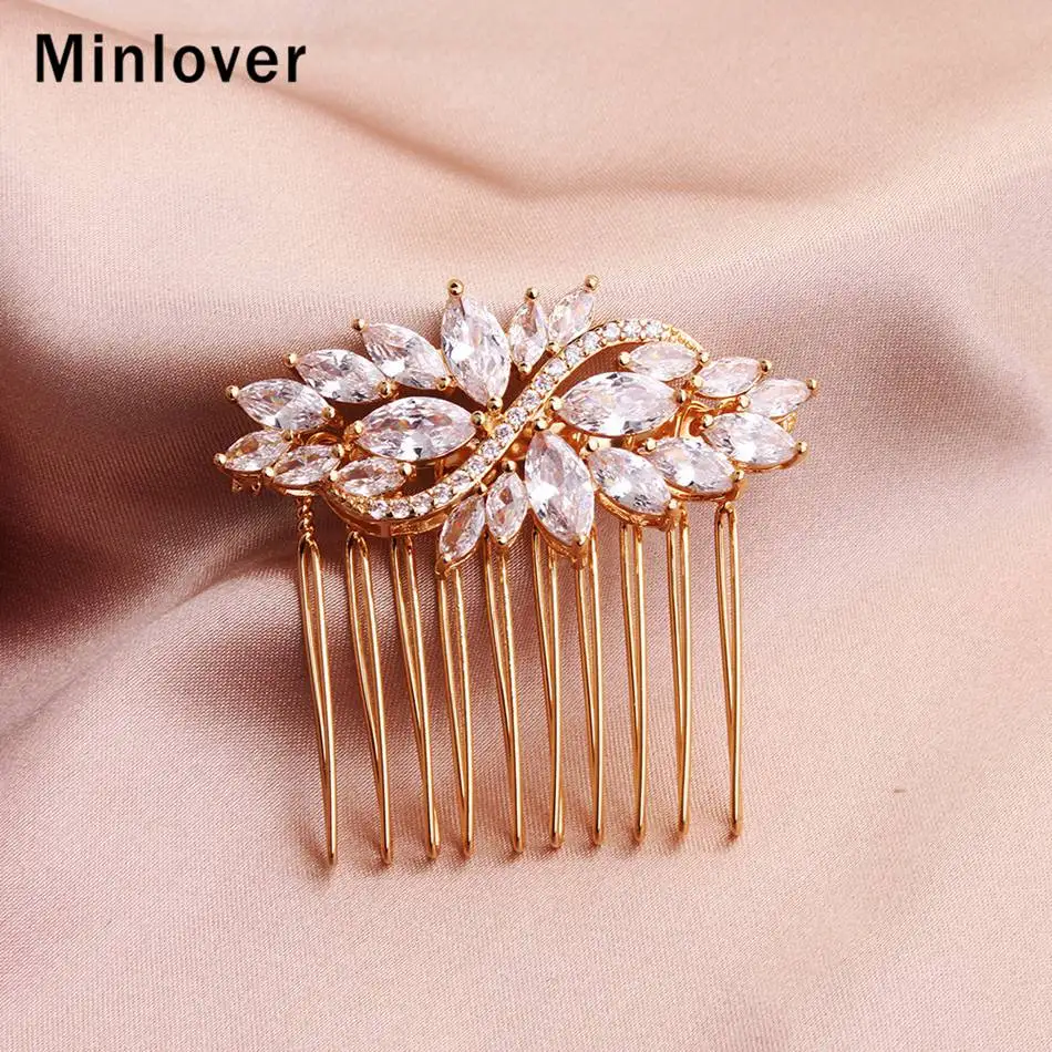 Minlover роскошные золотые цвета кубического циркония цветок волос расчески/шпильки свадебные аксессуары для волос принцессы украшения для волос FS320