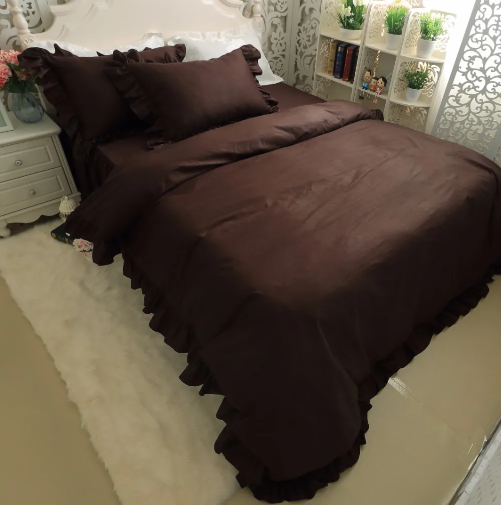Free shipping Korean 100%cotton bedding ruffles dark coffee bed skirt duvet cover pillowcase set twin full queen king size | Дом и сад