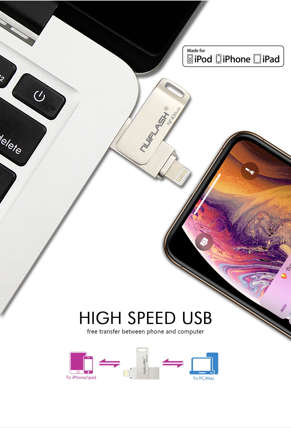 USB флэш-накопитель для iPhone X/8/7/7 Plus/6 Plus/6s/5/SE/ipad 2 в 1 флеш-накопитель 16 ГБ 32 ГБ 64 ГБ 128 Гб металлический флэш-накопитель usb 2,0