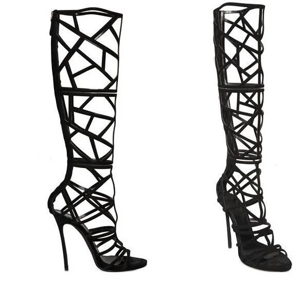 Top Quality Fashion Black Suede Leather Cage Boots Cut-out Peep Toe Gladiator Sandals Boot For Women Free Ship
