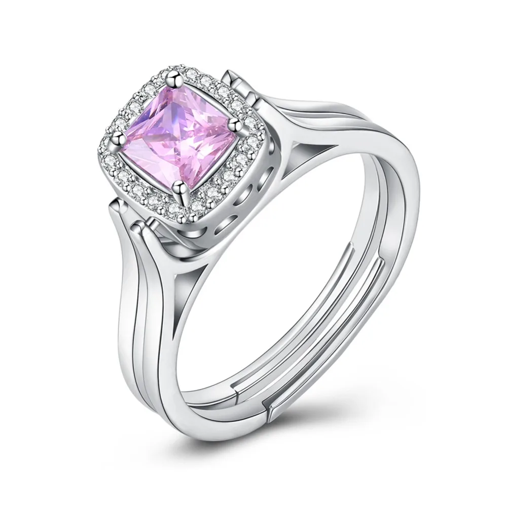 

Creative Rotatable Double Rings Women 925 Sterling Silver Square Pink White Crystal CZ Rings Casual Lady Girl Party Silver Rings