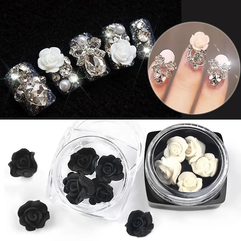 

5pcs/box Black White Rose Rhinestones Nail Art Decorations 3d Petal Emboss Sculpture Flowers Charm Beauty Manicure Accessories