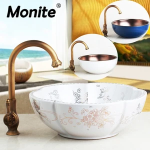 Синий художественный керамический смеситель для раковины в ванной комнате, позолоченный античный латунный кухонный кран, белый дизайн, золотой внутри, смеситель для раковины