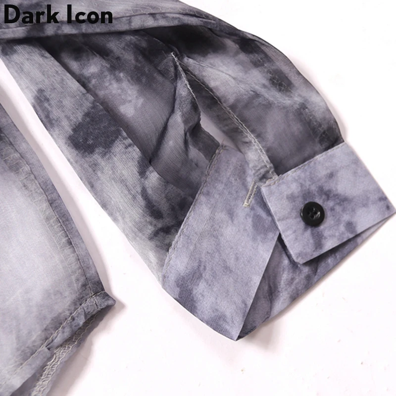 Dark Icon Tie Dyeing Turn-Down Collar Mush Shirts Men 2019 Autumn Street Hip Hop Thin Men’s Shirt Long Sleeve Blue/Grey | Мужская