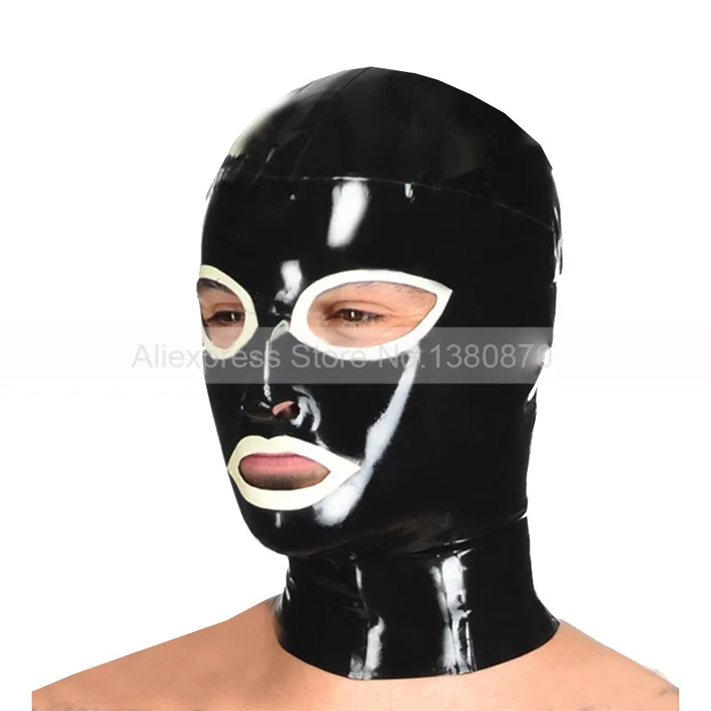 

Latex Hood Black and White Trims Rubber Mask Hoods Back Zip Handmade S-LM217