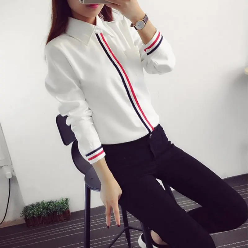 Модная Повседневная белая женская тонкая рубашка на пуговицах Офисная Женская