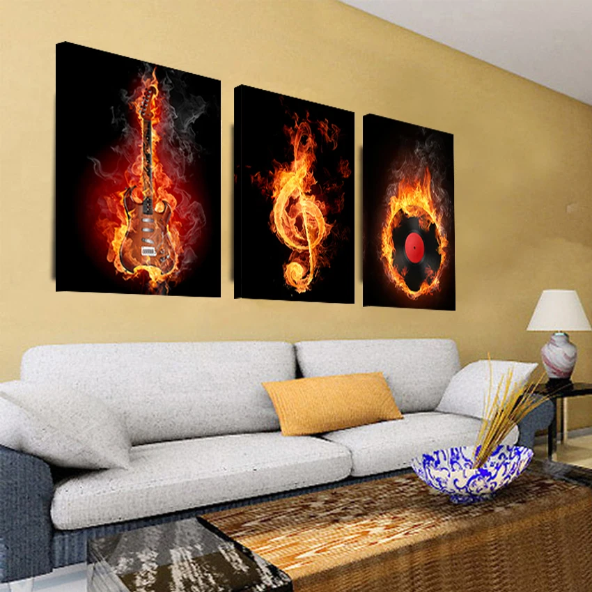 Музыка 3 предмета холст стены абстрактная живопись Домашний декор черный горящая