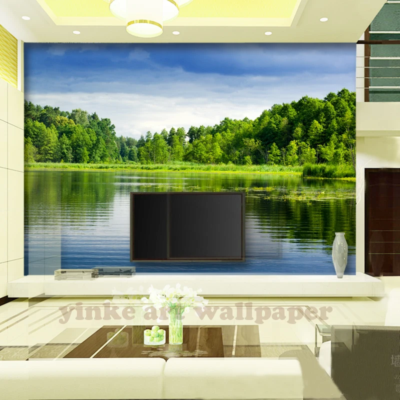 

Custom 3D Wall Mural Wallpaper Landscape Sky wall Mural Wallpaper lake Green Forest Hotel Restaurant Living Room Backdrop