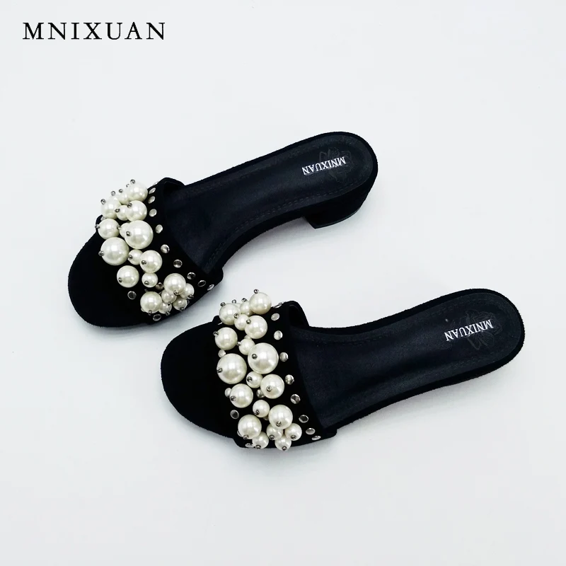 High quality real leather Lady slides Shoes women 2017 summer new female thick heel sandales mule slippers big size 41 red black | Обувь