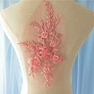 Bean pink 1 шт 28*16,5 см элегантная 3D Цветочная вышивка жемчугом бисером Кружевная аппликация с кружевной отделкой платья ткань материал цвета - Цвет: Bean pink
