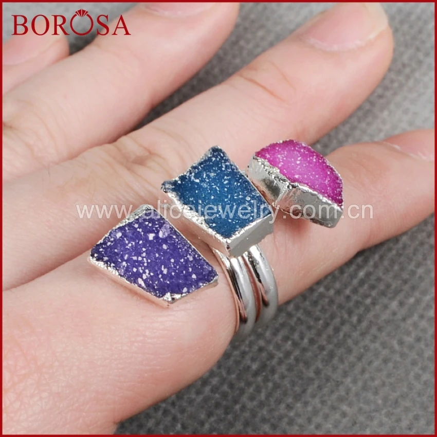 BOROSA Три Камни Друза кольцо окрашенный цвет натуральный Агаты Drusy Geode Серебристый
