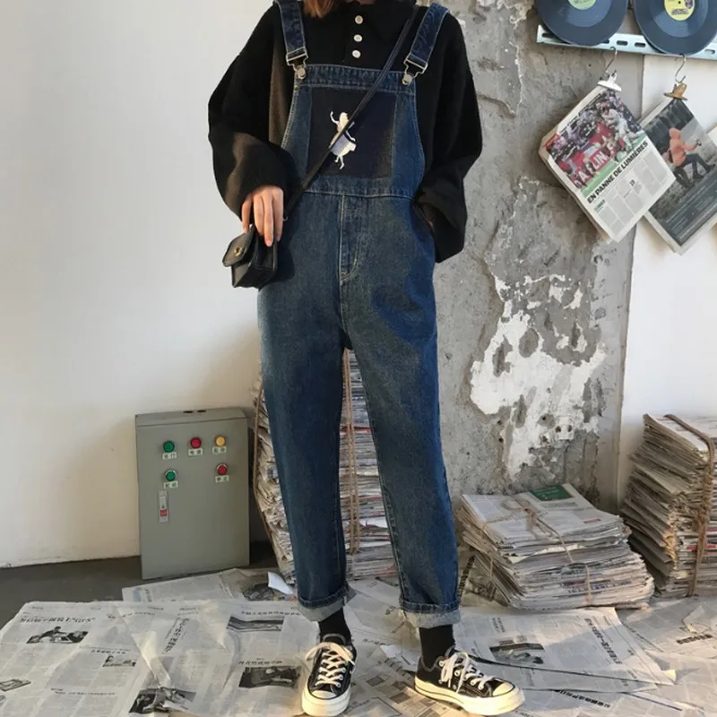Spring Autumn Contrast Print Denim Jumpsuits Women Vintage Fashion New Jean Overalls for Loose Long Pants Jumpsuit | Женская одежда