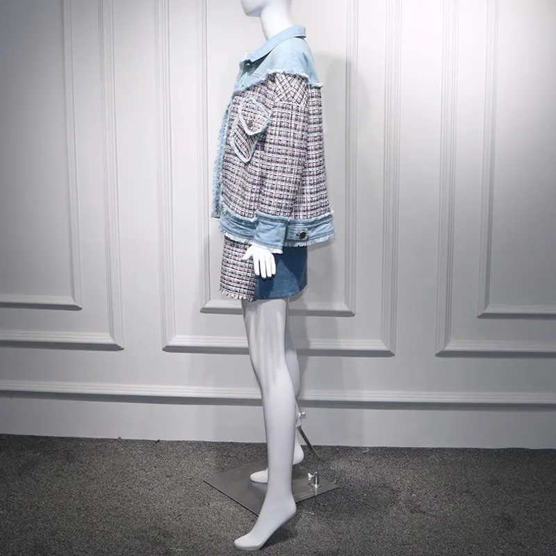 Женский джинсовый клетчатый комплект из 2 предметов свободный жакет с карманами