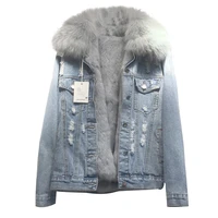 new loose winter womens denim real fur coat female jacket long sleeve detachable fox fur jeans jacket with fur warm parka