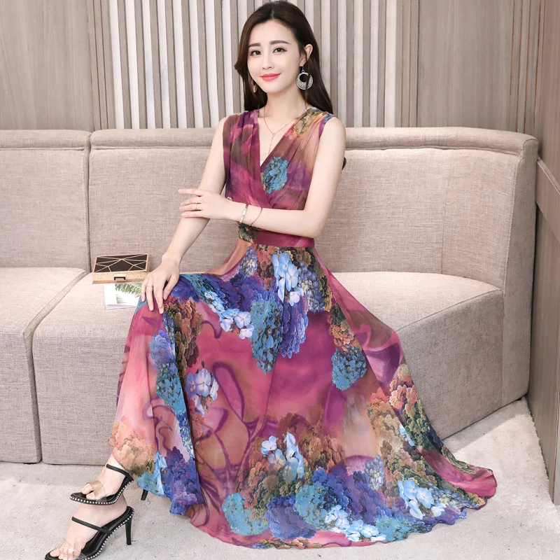 

2019 Summer New Elegant Women Chiffon Dress Print Sleeveless Loose V-neck Maxi Dress Female Boho Beach Dress Casual Plus Size