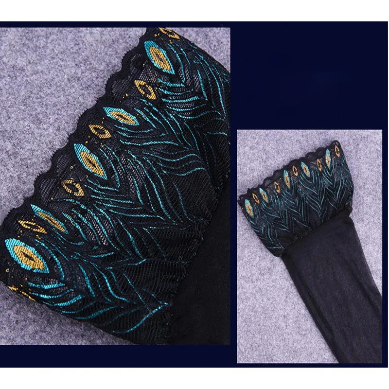 Hot Sexy Lingerie Sheer Peacock Feather Embroidery Lace Top Thigh High Stockings Elegant and Erotic Fantasy Underwear | Тематическая
