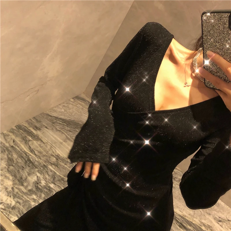 Женское блестящее платье Cakucool серебристое длинное с длинным рукавом и высоким