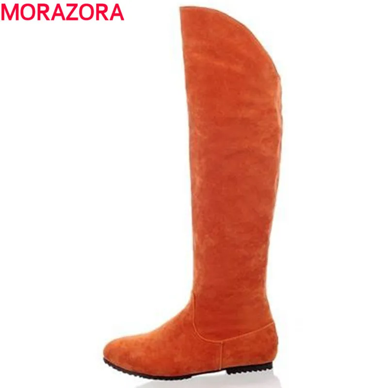 Женские сапоги из нубука MORAZORA черные до колена на Плоском Каблуке большие