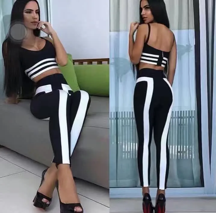 Дамская мода Черный и белый геометрический Для женщин Сексуальная Bodycon Комплект
