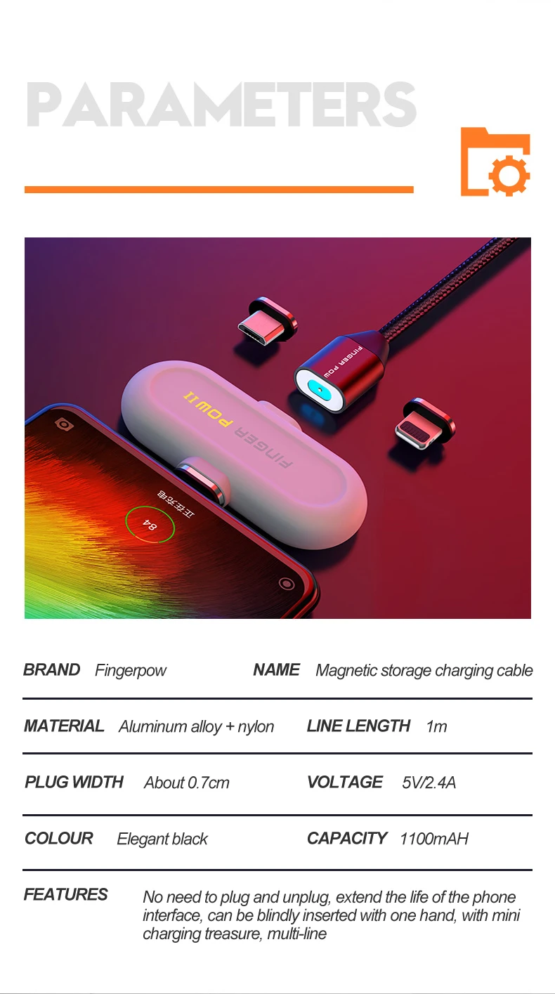 Fingerpow 1100 мАч Мини банк питания для iPhone/Android/type C Магнитный USB кабель для зарядки и передачи данных внешний аккумулятор 18650 Банк питания