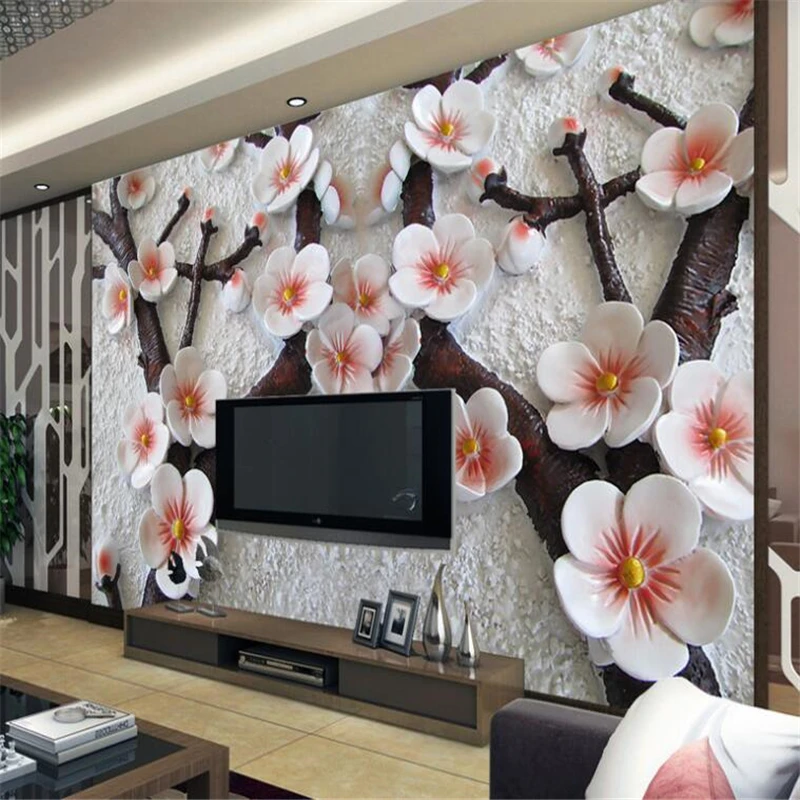 

beibehang 3d custom photo wallpaper wall murals stickers Relief Stereo Plum Blossom TV Wall papel de parede 3d para sala atacado