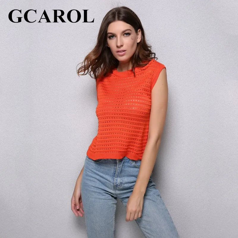 Gcarol Новое поступление трикотажные crtops выдалбливают свитер без рукавов оранжевый