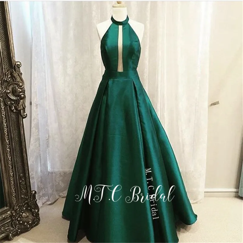 

Backless Halter Dark Green Evening Dress 2019 Hot Selling A Line Floor Length Long Wedding Party Dresses Cheap Arabic Prom Gowns