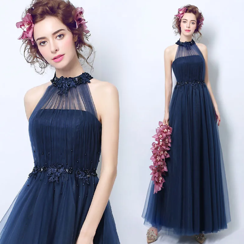 

Lamiabridal, темно-синие платья подружки невесты с аппликацией из бисера, с лямкой на шее, плиссированное Тюлевое длинное платье для вечеринки, же...