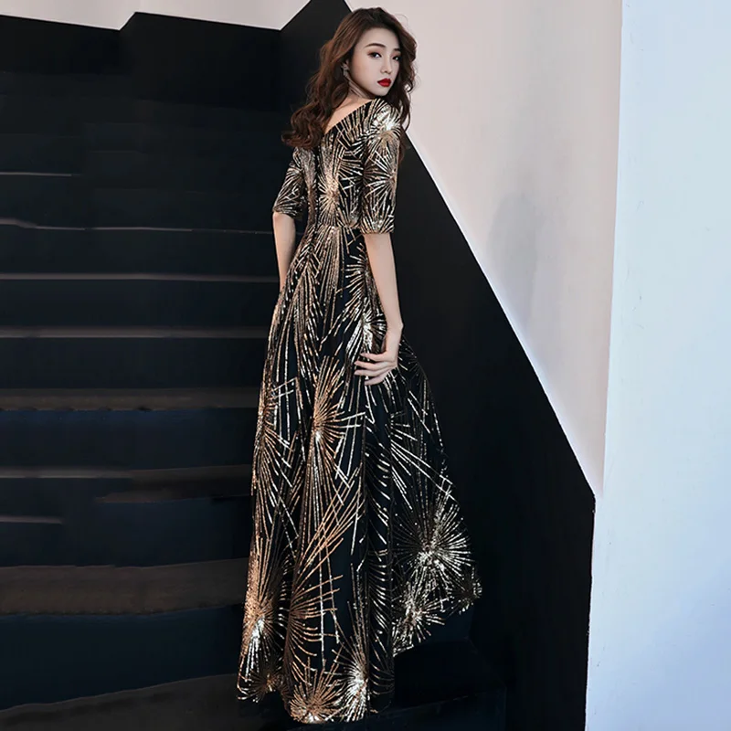 Женское вечернее платье черное золотое с блестками и коротким рукавом | Женская