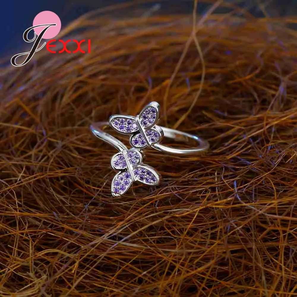 Fashion Opened Ring High Polish Double Cute Love Butterfly Small Purple Cubic Zirconia Crystal 925 Sterling Silver Wedding | Украшения и