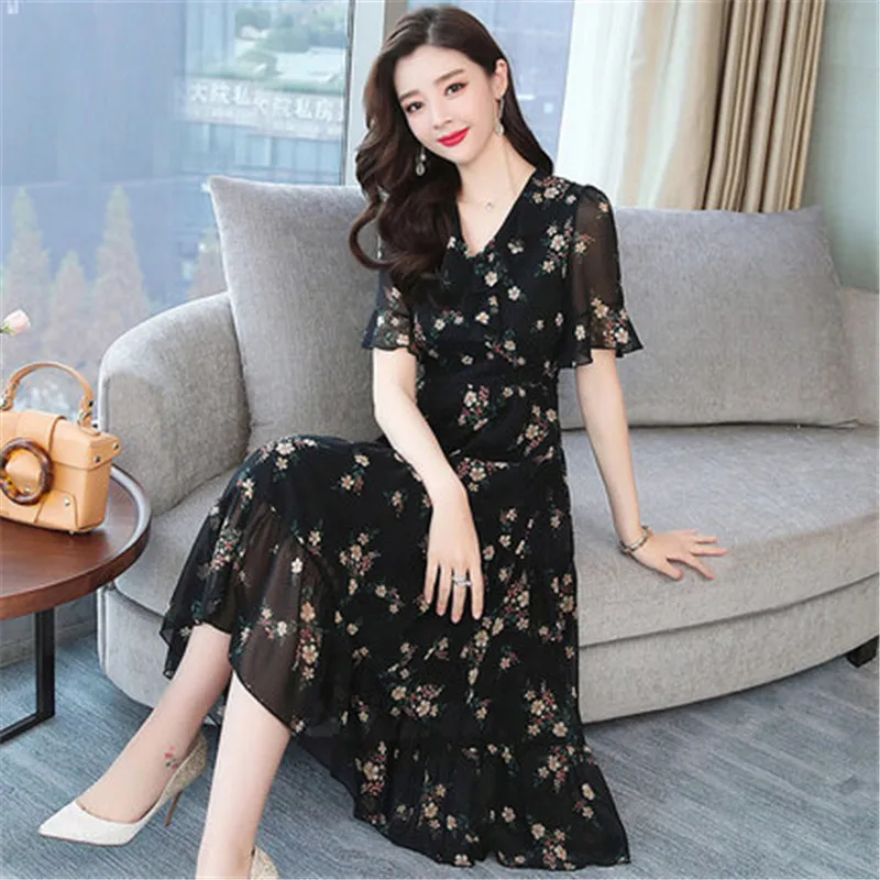 

Plus Size 5XL 2019 Korean Vintage Boho Midi Dress Summer Black Floral Chiffon Sundress Elegant Women Short Sleeve Party Vestidos