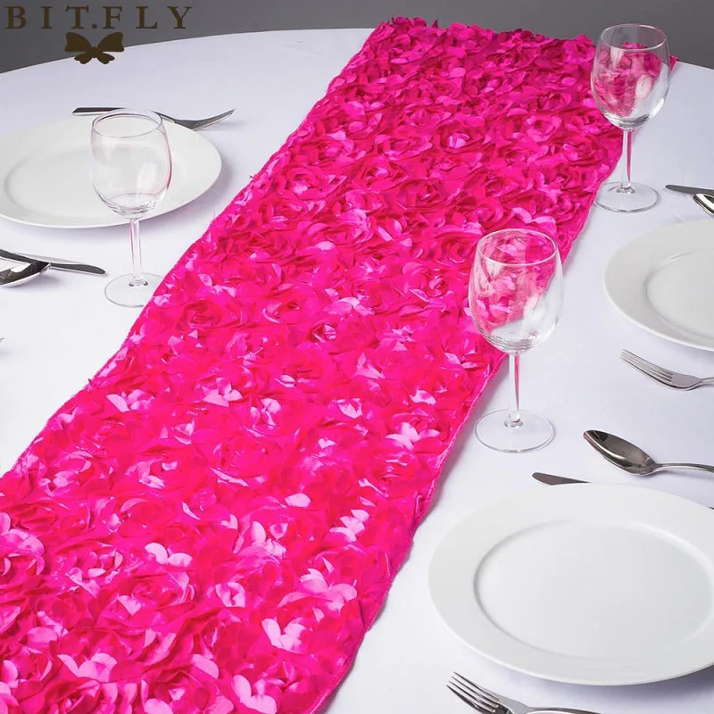 fuchsia Новые модные атласные настольные дорожки с розочками 30x275 см, 3D грандиозная Роза, украшения для свадебной вечеринки, домашний текстиль, настольные дорожки - Цвет: fuchsia