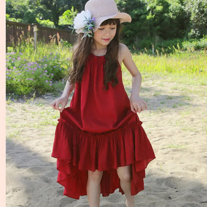 Платье для девочек длинное красное с шифоновыми оборками | Детская одежда и обувь