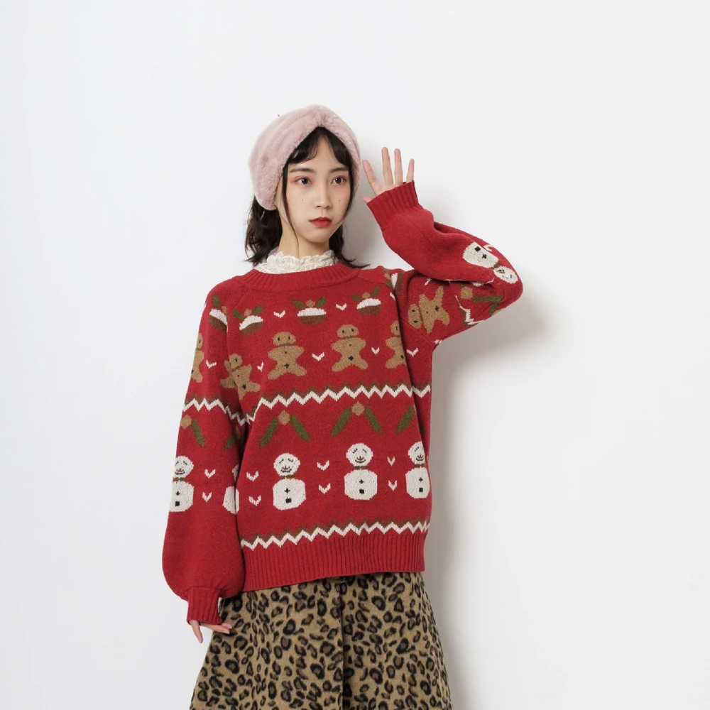 Spring Casual Women Pullover Sweater ONeck Cute Bear Snowman Jacquard Vintage Student Girls Knitted Pullovers Tops Red Knitwear | Женская