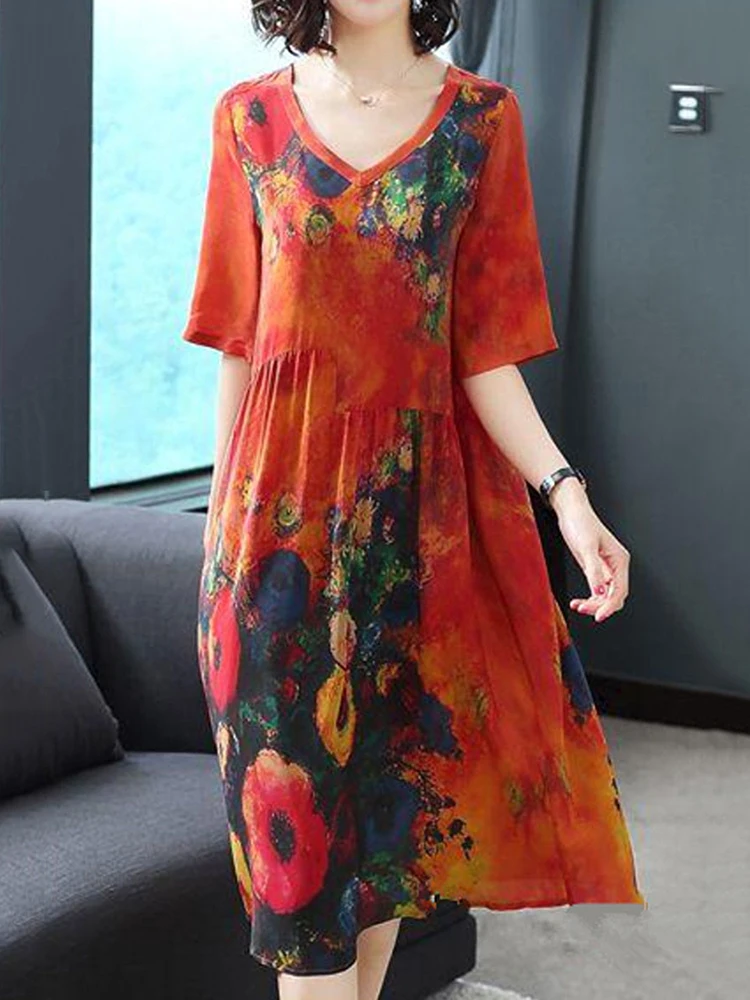 Women Dress Plus Size Summer Imitation Silk Print Vestido Colorful Female Loose Casual Vintage Large Dresses NO905 | Женская одежда