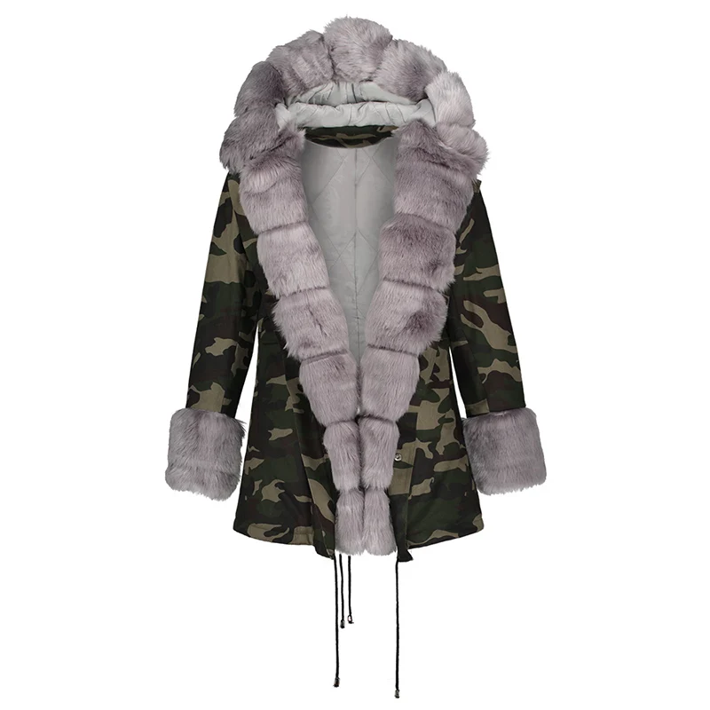 Женские камуфляжные парки пальто теплые зимние зеленые меховые с капюшоном