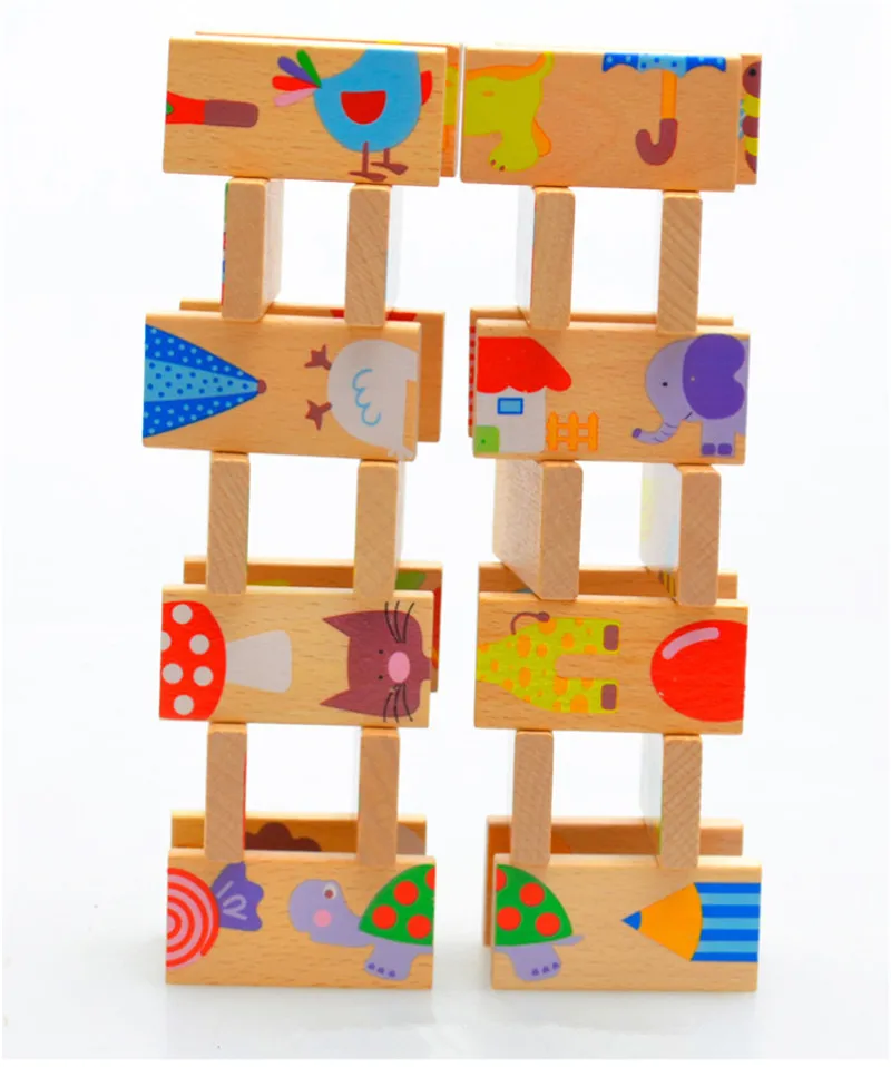 Cute 28pcs/set baby Wooden Dominoes Block Cartoon Animal Colored Jigsaw Tangram children Educational Toys for child domino game
