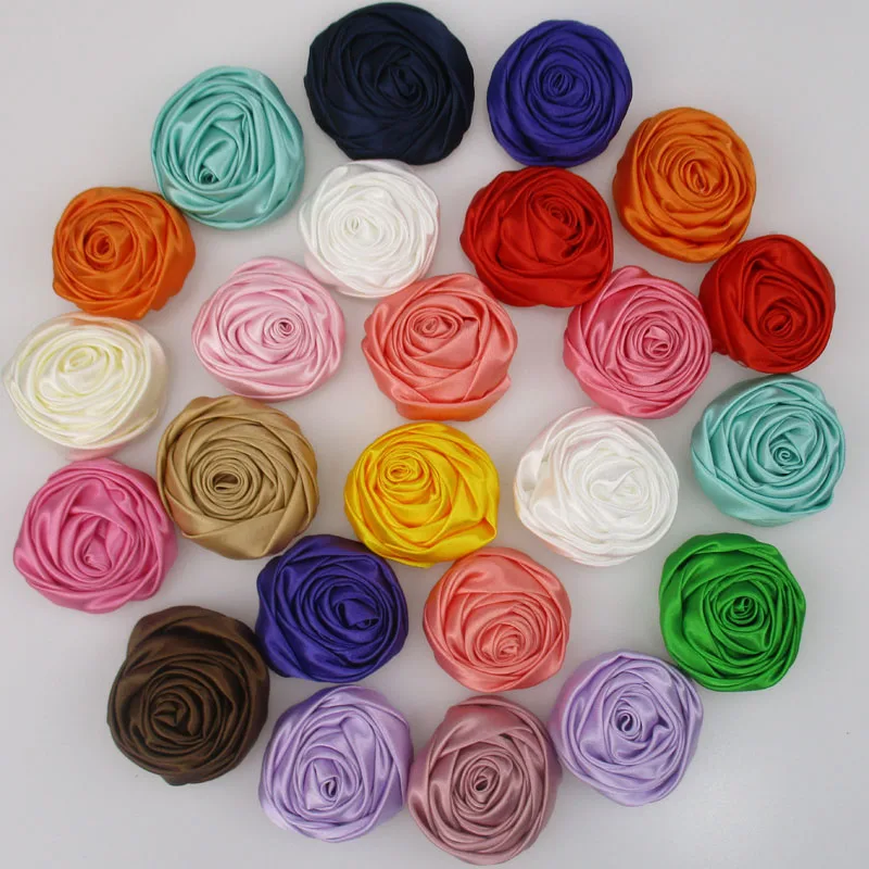 

40pcs/lot 2" DIY Decorative Satin Rolled Rosettes Fabric Flower Girls Boutique Hair Rose Flowers Accessories wedding Ornaments
