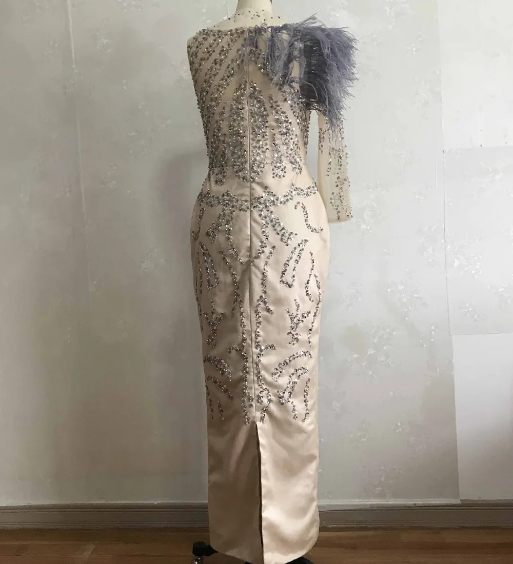 Сексуальное платье с круглым вырезом Vestidos De Fiesta, платье с одиним плечом и вышивкой, Прямые Вечерние платья в пол с длинным рукавом и перьями